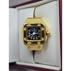 Bozhi Gold Tone Quartz Ring Watch Black Dial New Battery Retro Stretch Accessory